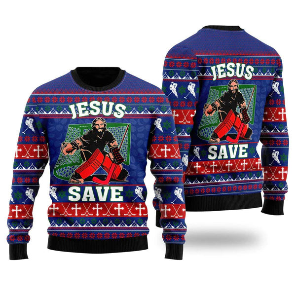 Jesus Saves Hockey Ugly Christmas Sweater Xmas Gift Men And Women Christmas  Sweater