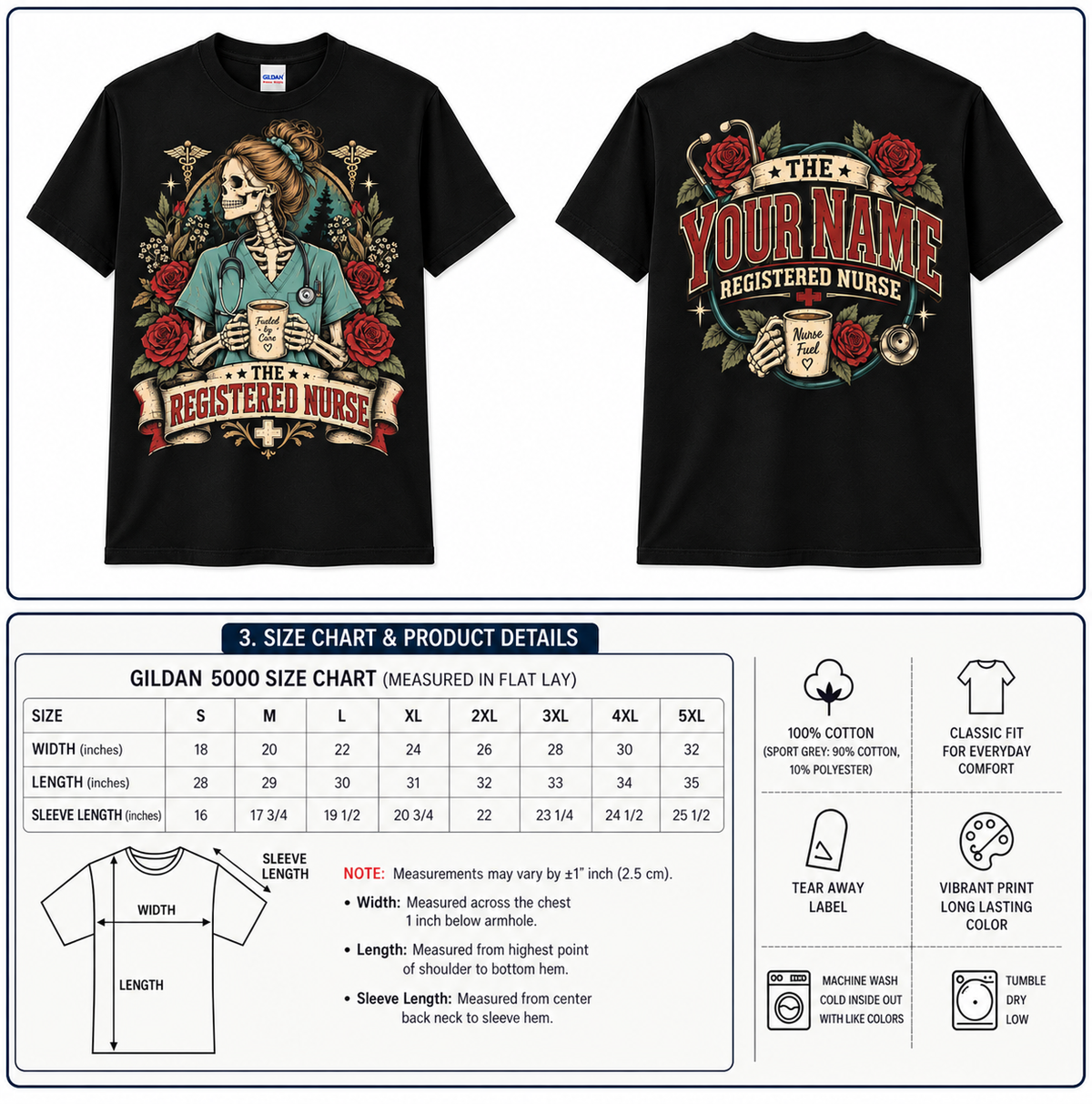 Registered Nurse Skeleton Coffee Rose Custom Name Medical Gift Unisex T-Shirt