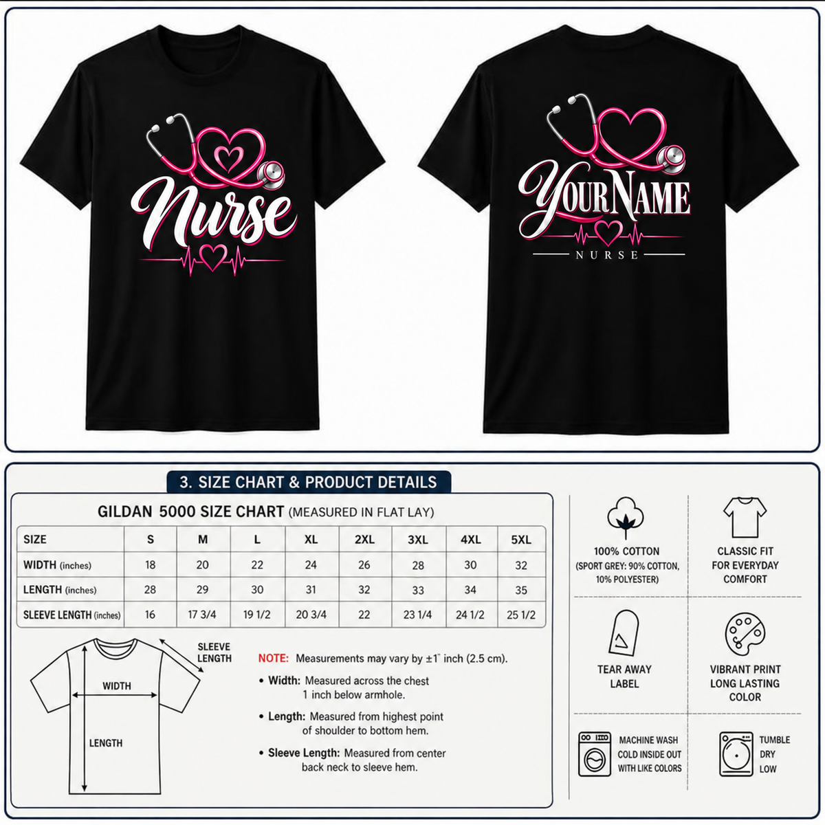 Nurse Stethoscope Shirt Personalize Name Black Cotton Tee Gift for RN Women