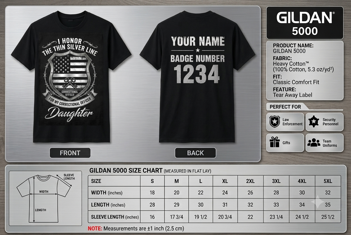 Custom Correctional Officer Daughter T-Shirt | Personalized Thin Silver Line Family Gift | Proud Prison Guard Dad Mom Law Enforcement
