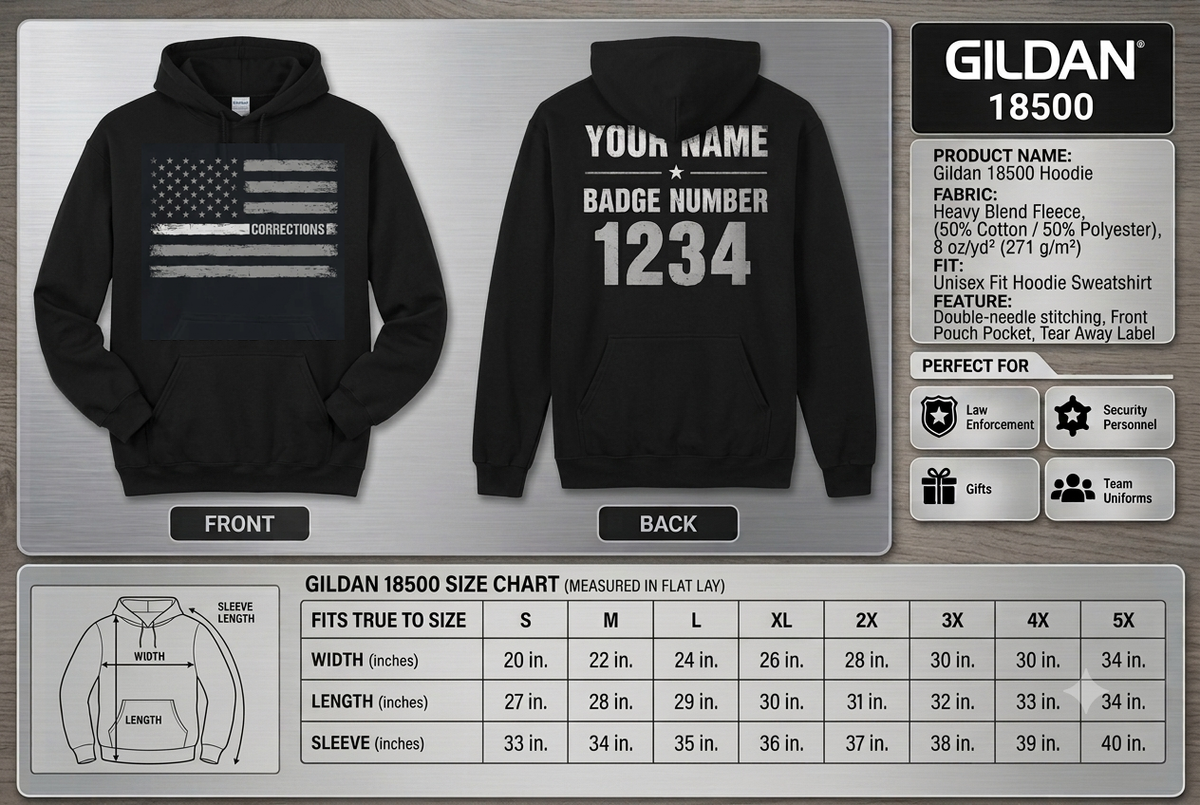 Custom Name Corrections - Thin Silver Line Flag for Correctional Officer Hoodie