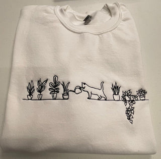 Embroidered Cat Watering Plants Sweatshirt 2D Crewneck Sweatshirt All Over Print Sweatshirt For Women Sweatshirt For Men SWS2456