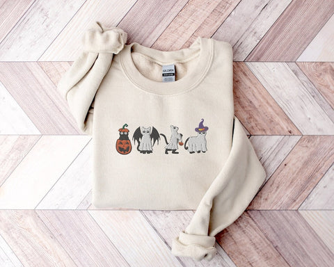 Embroidered Cat Bat Halloween Pumpkin Unisex Crewneck Sweatshirt All Over Print Sweatshirt For Women Sweatshirt For Men SWS2500