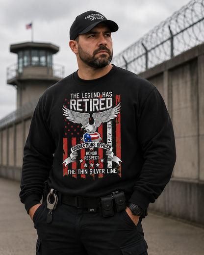 Custom Name Retired Corrections Officer Thin Silver Line Retirement Sweatshirt