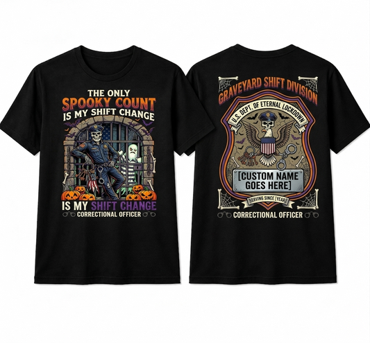 Custom "Graveyard Shift Division" Halloween Correctional Officer T-Shirt — Personalized Front & Back Graphic Tee