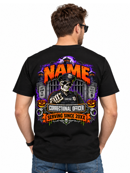 Custom "Trick or Cell" Halloween Correctional Officer T-Shirt — Personalized Front & Back Graphic Tee