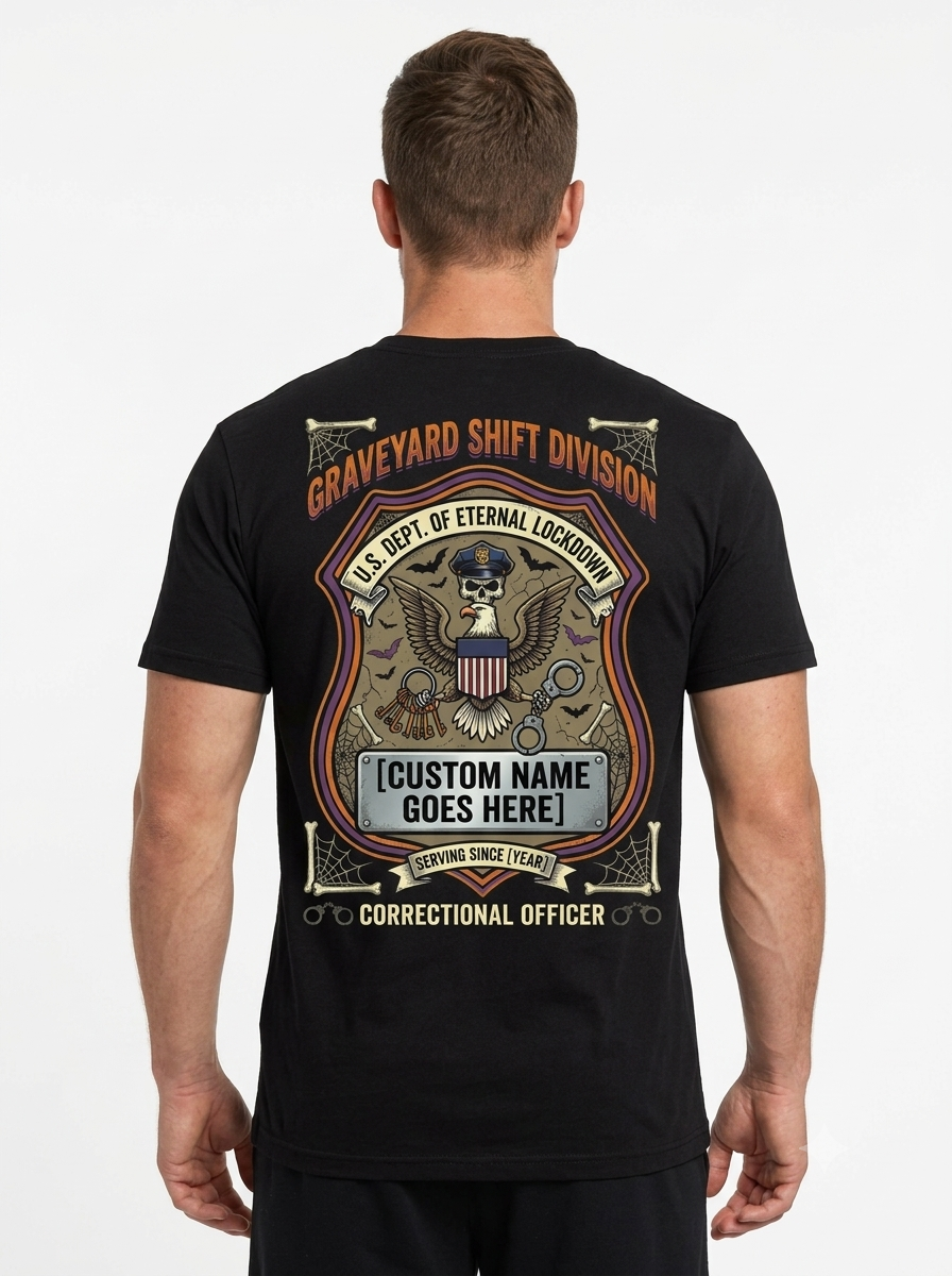 Custom "Graveyard Shift Division" Halloween Correctional Officer T-Shirt — Personalized Front & Back Graphic Tee