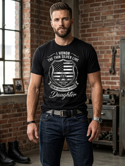 Custom Correctional Officer Daughter T-Shirt | Personalized Thin Silver Line Family Gift | Proud Prison Guard Dad Mom Law Enforcement
