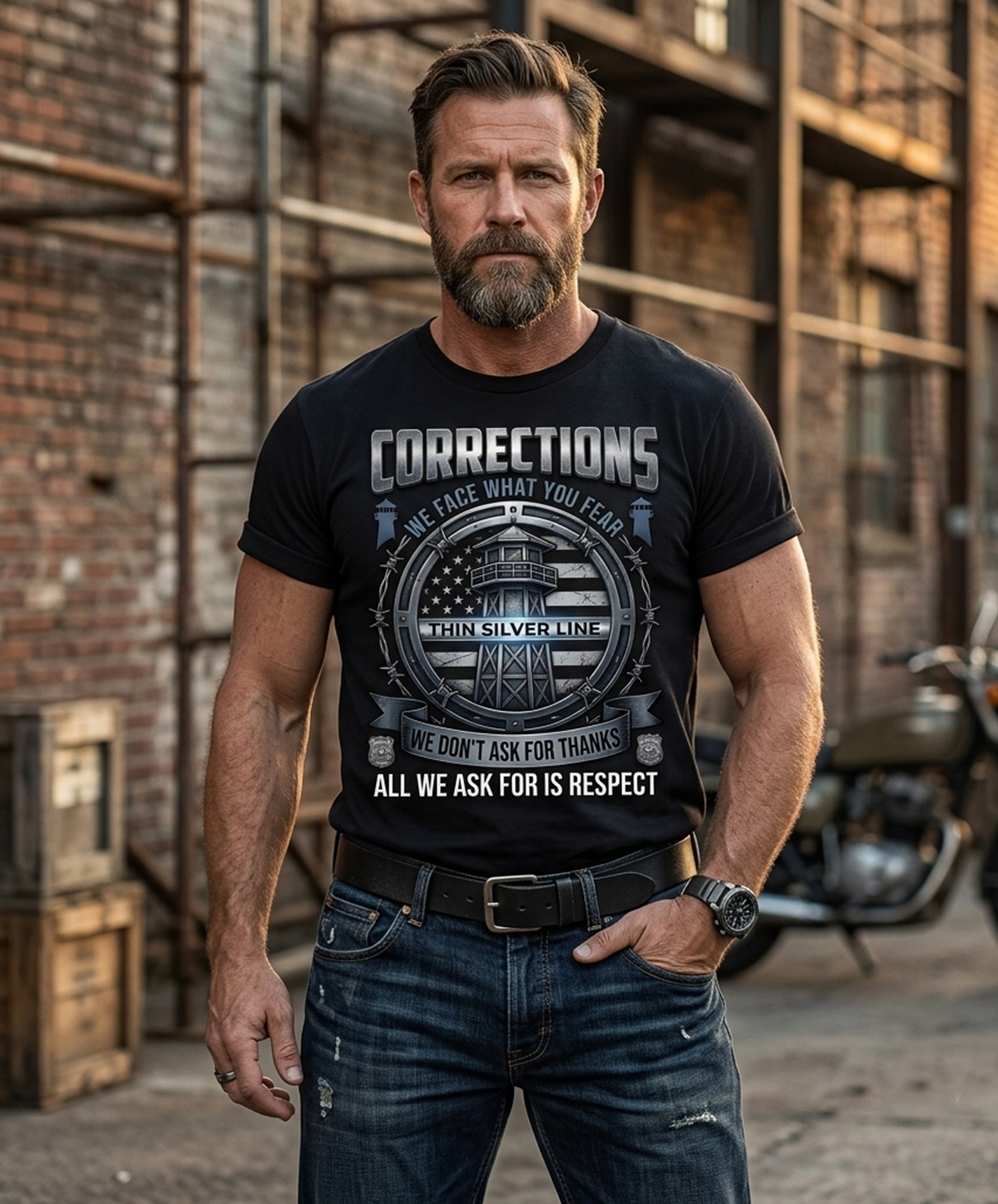 Custom Corrections Officer Flag T-Shirt | Personalized Thin Silver Line Prison Guard Shirt | Law Enforcement Gift