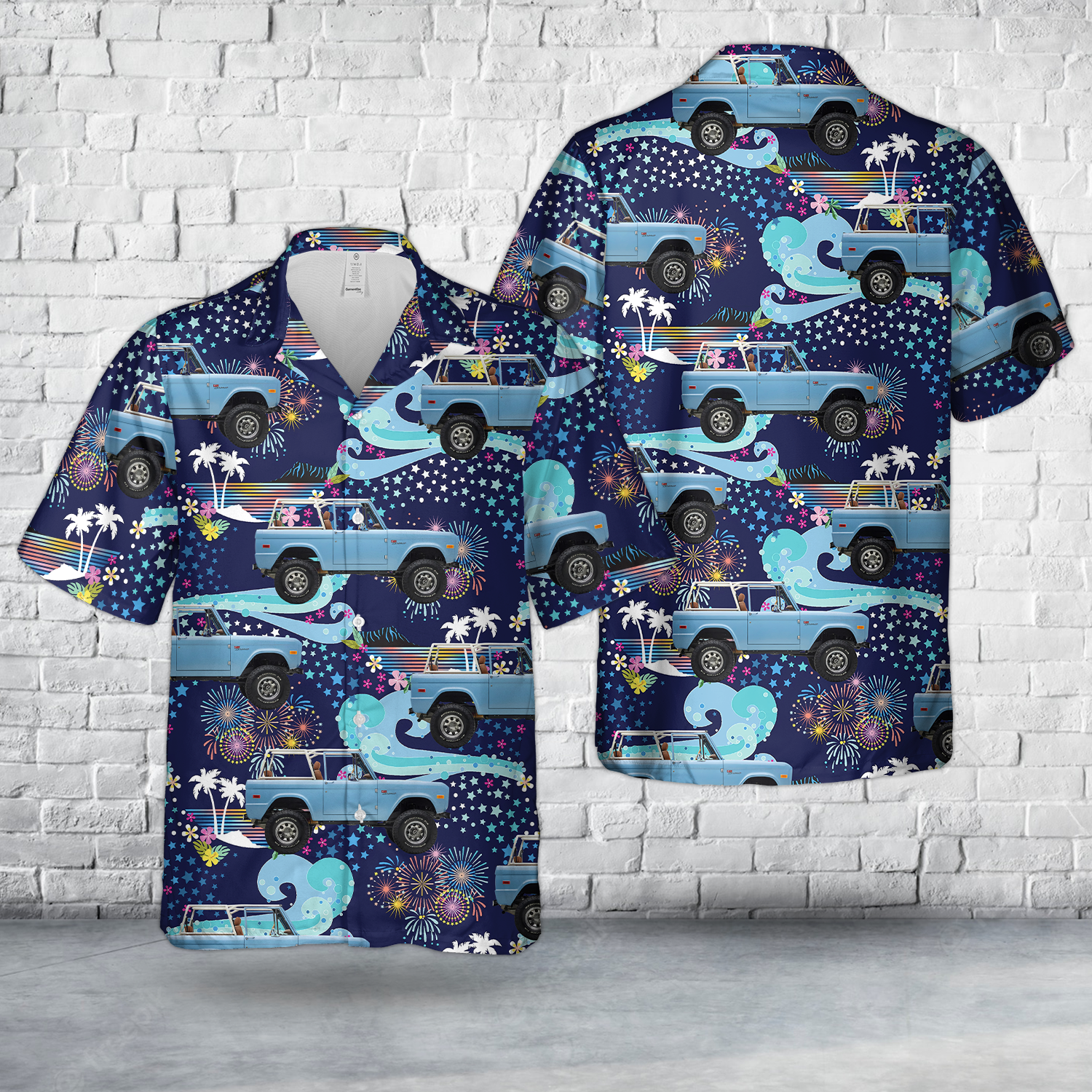 1967 Pale Blue Ford Bronco With Firework Hawaiian Shirt