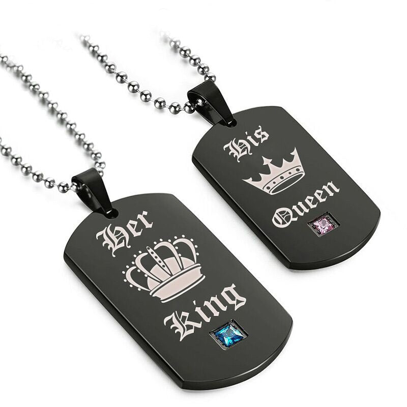 "Black Necklaces & Pendants Her King and His Queen Black Titanium Couple Necklace Stainless Steel Pendant Gifts "