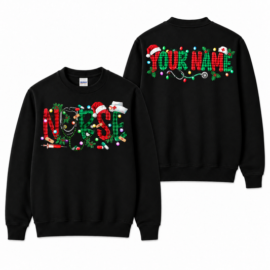 Custom Name Christmas Nurse Sweatshirt – Plaid Print Crewneck, Personalized Gift for Nurses