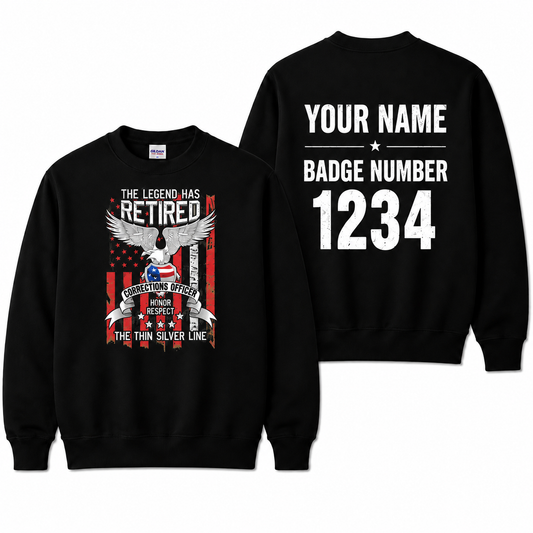 Custom Name Retired Corrections Officer Thin Silver Line Retirement Sweatshirt