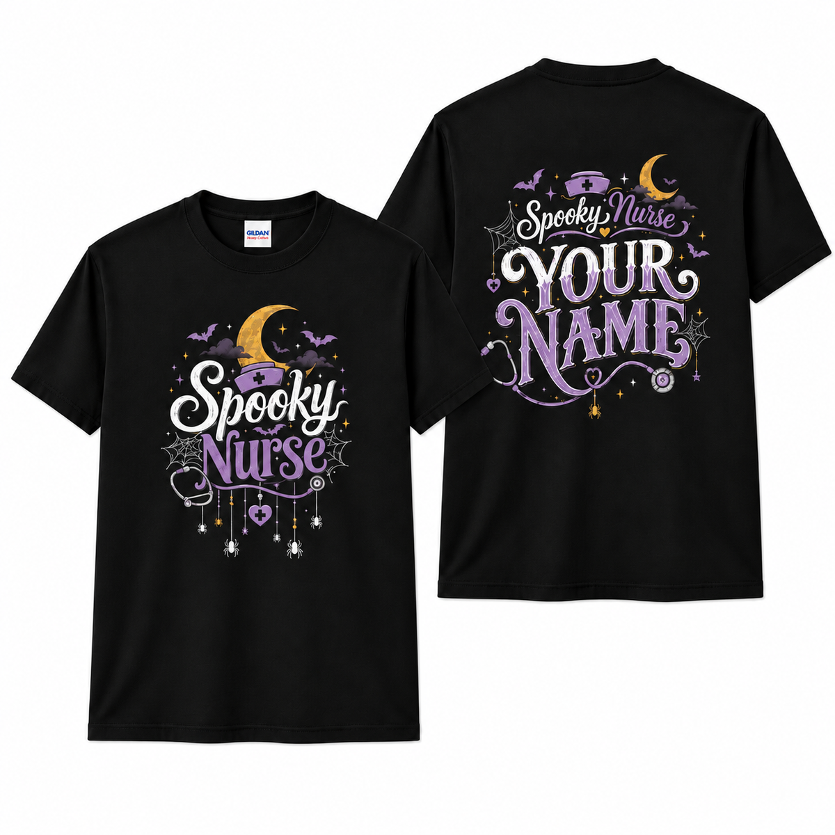 Spooky Nurse Custom Name Halloween Shirt for Women with Moon and Spider Web