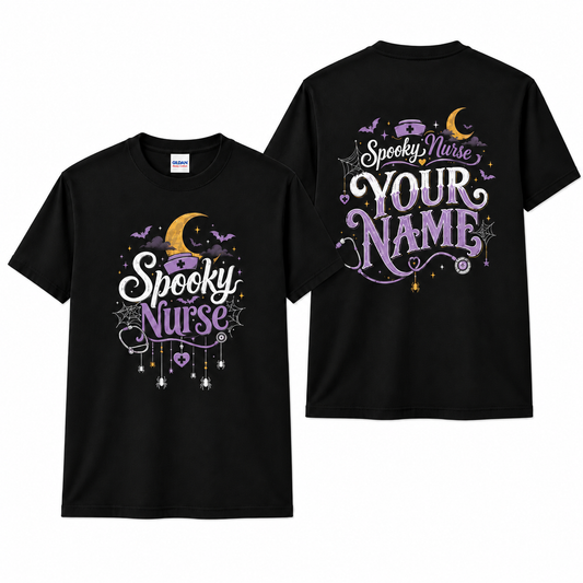 Spooky Nurse Custom Name Halloween Shirt for Women with Moon and Spider Web