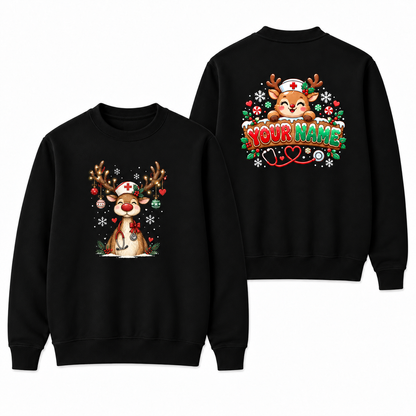 Custom Name Christmas Nurse Sweatshirt - Personalized Reindeer Nurse Sweater