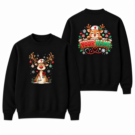 Custom Name Christmas Nurse Sweatshirt - Personalized Reindeer Nurse Sweater