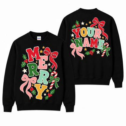 Personalized Merry Christmas Bow Sweatshirt, Custom Name Holiday Pullover, Christmas Gift for Her