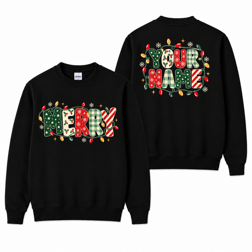 Personalized Merry Christmas Lights Sweatshirt, Custom Name Holiday Pullover, Christmas Gift for Her