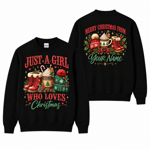 Personalized Just a Girl Who Loves Christmas Sweatshirt – Custom Name Christmas Crewneck, Cozy Holiday Gift for Her