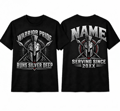 Personalized "Warrior Pride Runs Silver Deep" Correctional Officer T-Shirt — Spartan Helmet & Thin Silver Line (Front & Back)