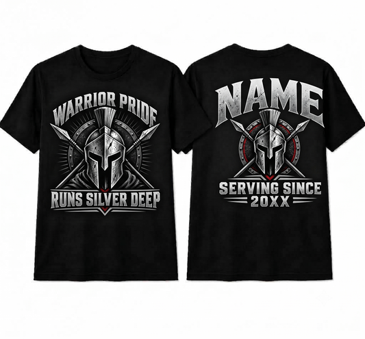 Personalized "Warrior Pride Runs Silver Deep" Correctional Officer T-Shirt — Spartan Helmet & Thin Silver Line (Front & Back)