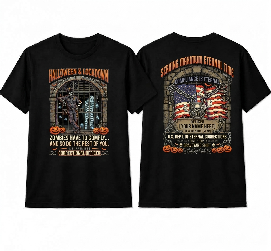Custom "Halloween & Lockdown" Correctional Officer T-Shirt — Personalized Front & Back Spooky Graphic Tee