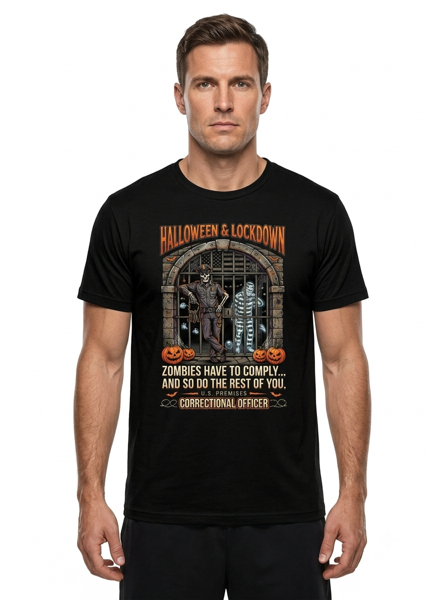 Custom "Halloween & Lockdown" Correctional Officer T-Shirt — Personalized Front & Back Spooky Graphic Tee