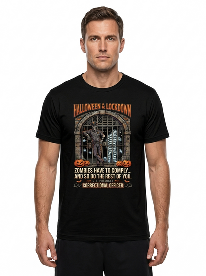 Custom "Halloween & Lockdown" Correctional Officer T-Shirt — Personalized Front & Back Spooky Graphic Tee