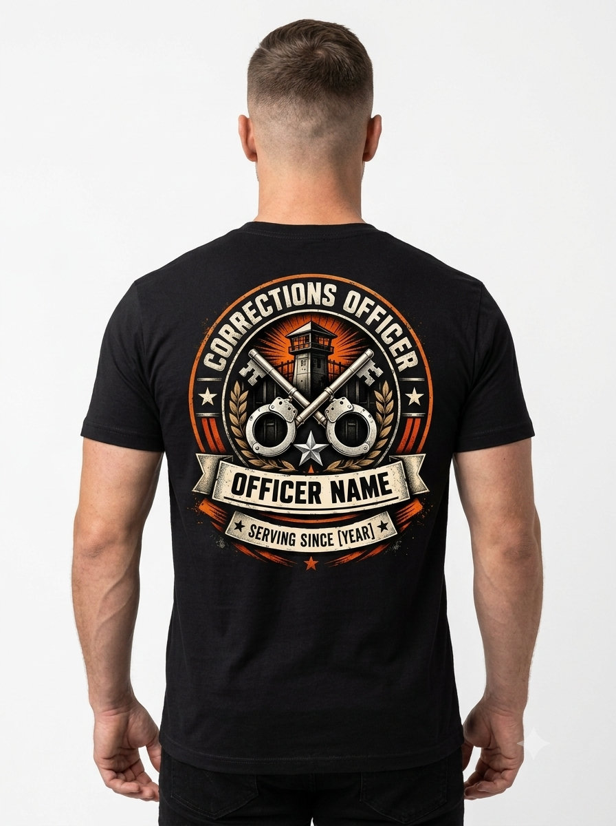 Custom Corrections Officer Duty Shirt – "Job Security Secured" Front & Back Graphic T-Shirt, Personalized Jailer Deputy Gift