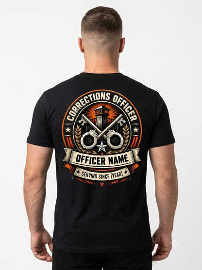 Custom Corrections Officer Duty Shirt – "Job Security Secured" Front & Back Graphic T-Shirt, Personalized Jailer Deputy Gift
