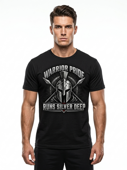 Personalized "Warrior Pride Runs Silver Deep" Correctional Officer T-Shirt — Spartan Helmet & Thin Silver Line (Front & Back)