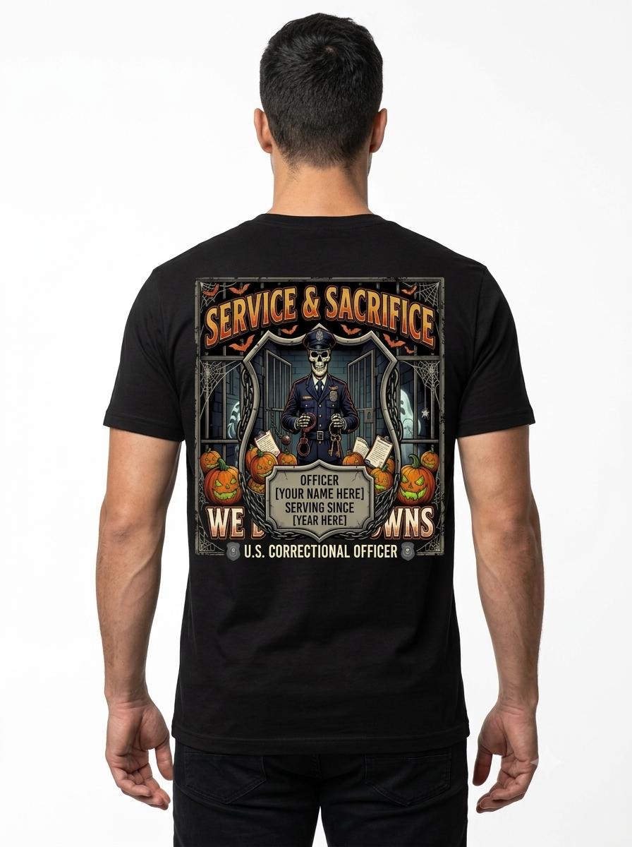 Custom "Halloween & Lockdown" Correctional Officer T-Shirt — Personalized Front & Back Spooky Graphic Tee