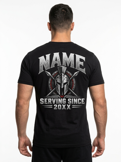 Personalized "Warrior Pride Runs Silver Deep" Correctional Officer T-Shirt — Spartan Helmet & Thin Silver Line (Front & Back)