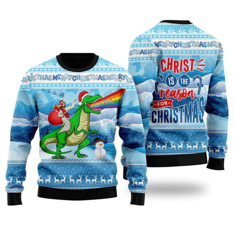 Jesus Riding A Dinosaur Ugly Christmas Sweater For Men & Women Christmas Gift Sweater US2302