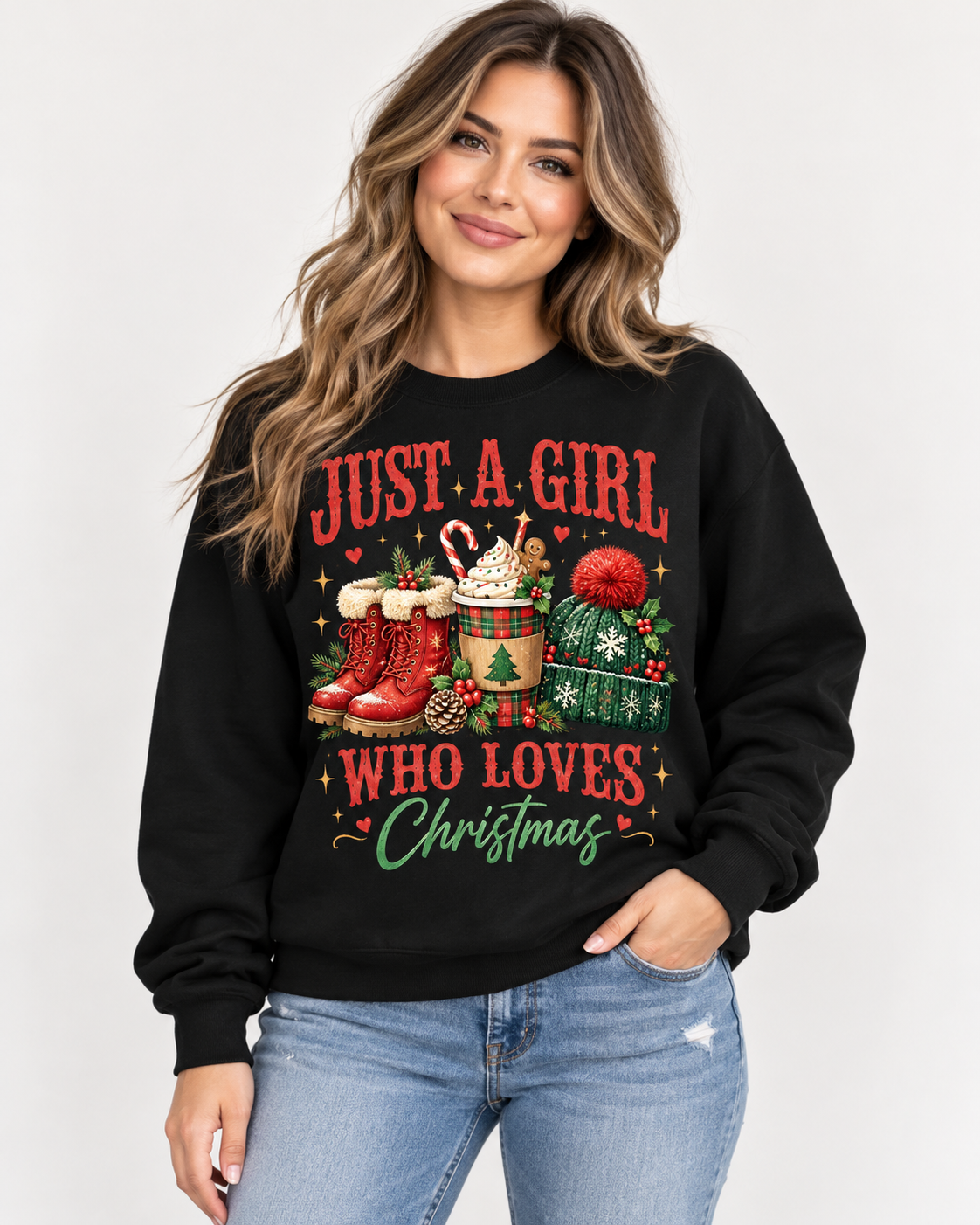 Personalized Just a Girl Who Loves Christmas Sweatshirt – Custom Name Christmas Crewneck, Cozy Holiday Gift for Her