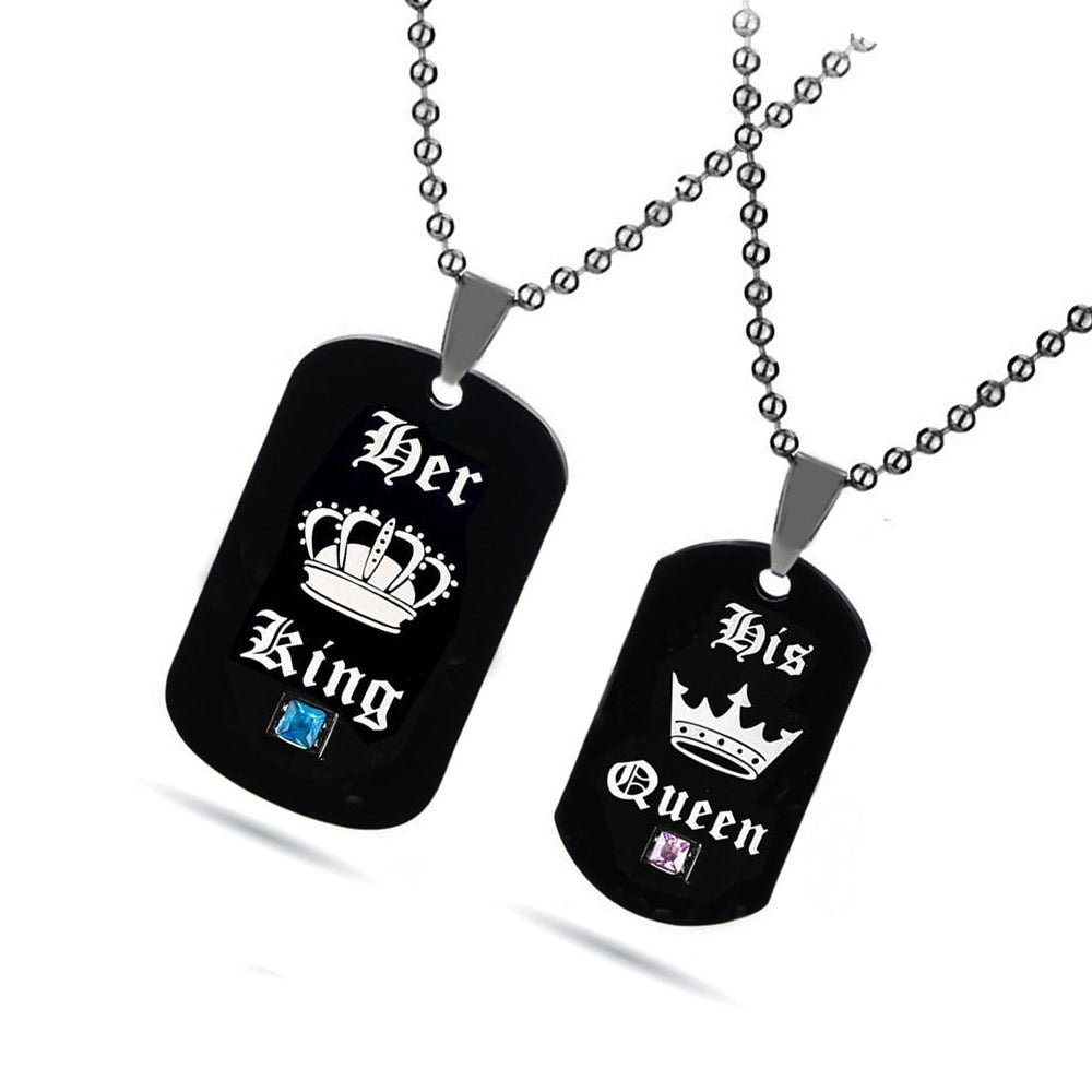 "Black Necklaces & Pendants Her King and His Queen Black Titanium Couple Necklace Stainless Steel Pendant Gifts "