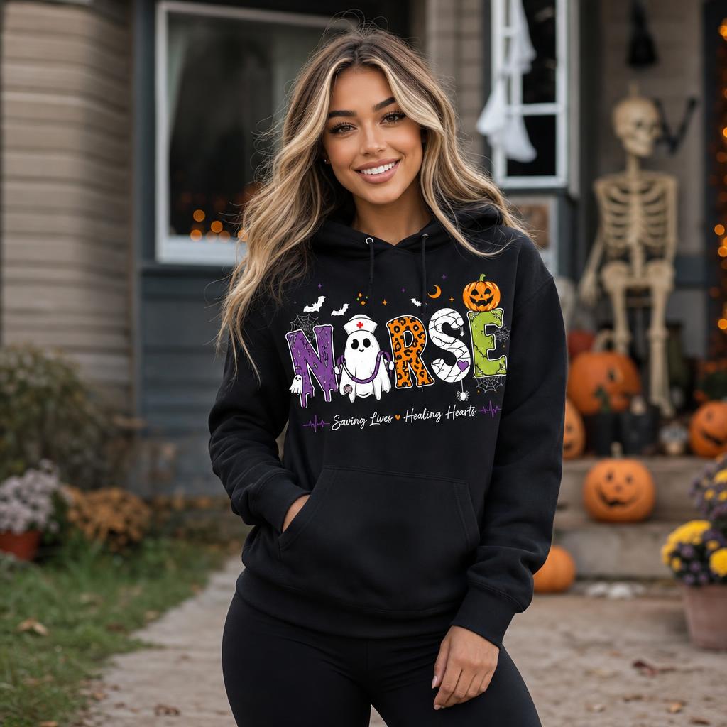 Personalized Nurse Halloween Hoodie Custom Name Spooky Ghost RN LPN CNA Gift