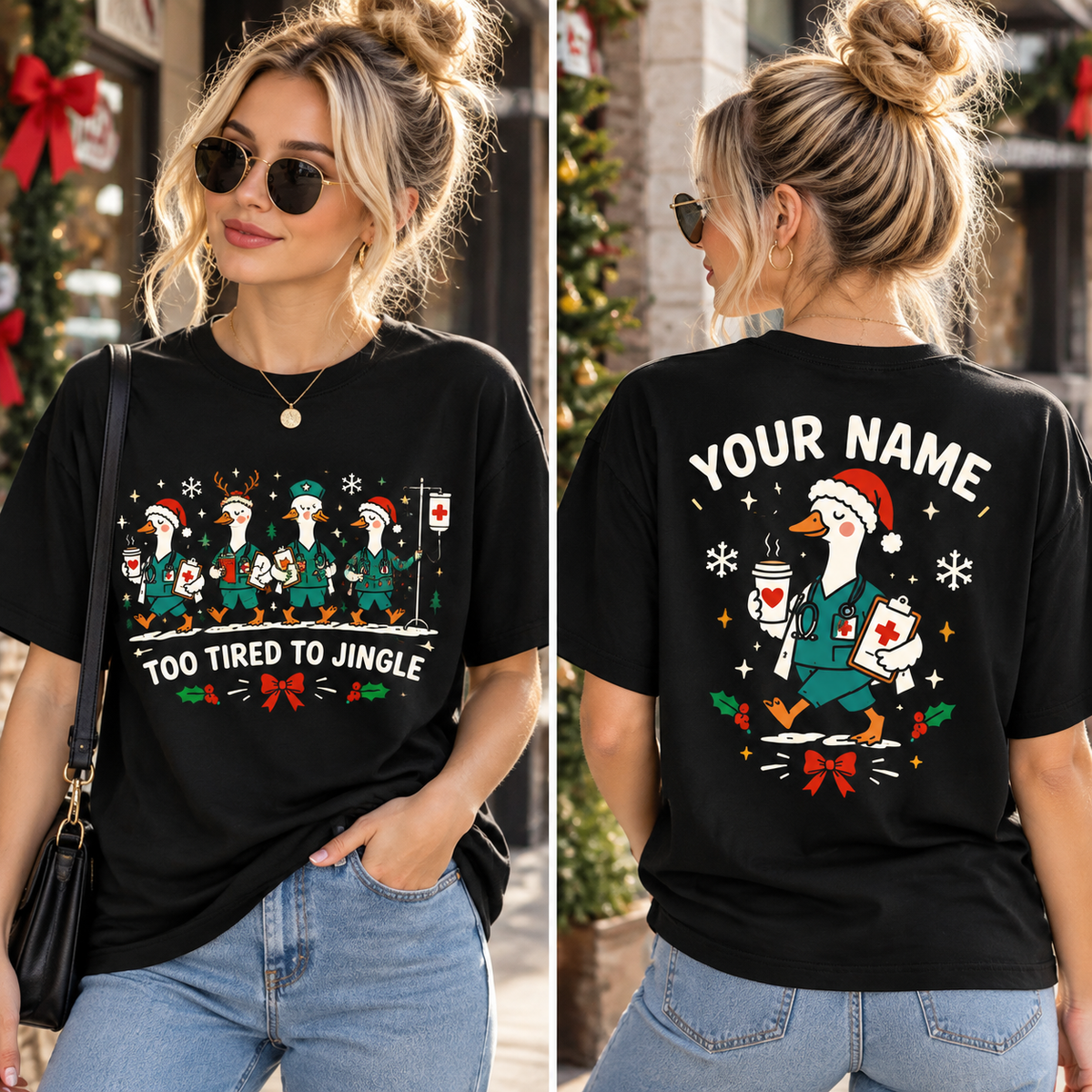 Too Tired To Jingle Nurse Shirt, Funny Christmas RN Unisex T-Shirt, Night Shift Nurse Gift, ER ICU Nurse Holiday Tee