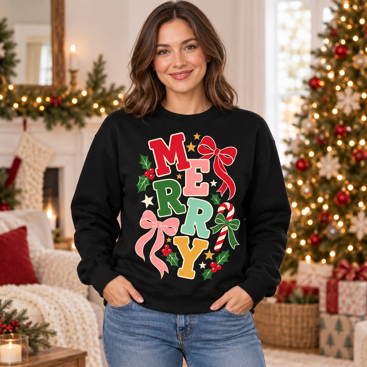 Personalized Merry Christmas Bow Sweatshirt, Custom Name Holiday Pullover, Christmas Gift for Her
