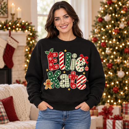 Personalized Christmas Name Sweatshirt, Gingerbread & Holiday Lettering, Custom Christmas Gift for Her