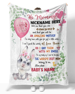 Personalized Printed Blanket Little Bunny With Pink Balloon - Mothers Day Gift, Baby Bunny Blanket, 1st Mothers Day Blanket MI0545
