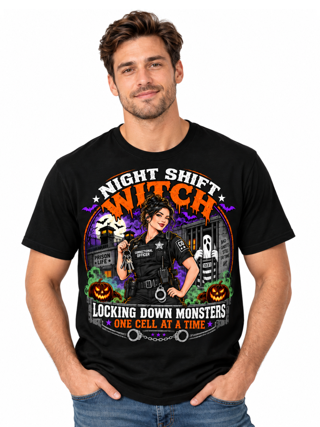 tom "Night Shift Witch" Halloween Female Correctional Officer T-Shirt — Personalized Front & Back Graphic Tee