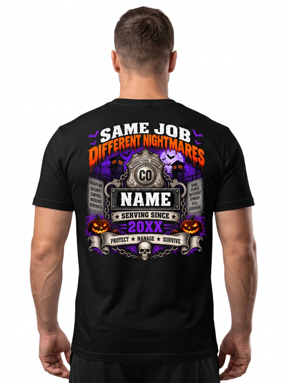 tom "Night Shift Witch" Halloween Female Correctional Officer T-Shirt — Personalized Front & Back Graphic Tee