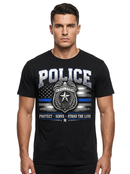 Personalized "Protect Serve Stand The Line" Police Officer T-Shirt — Thin Blue Line Badge & Flag (Front & Back)