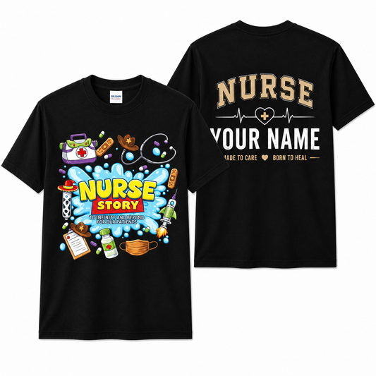 Personalized Cute Nurse Story Shirt Custom Funny Cartoon RN Gift Unisex T-Shirt