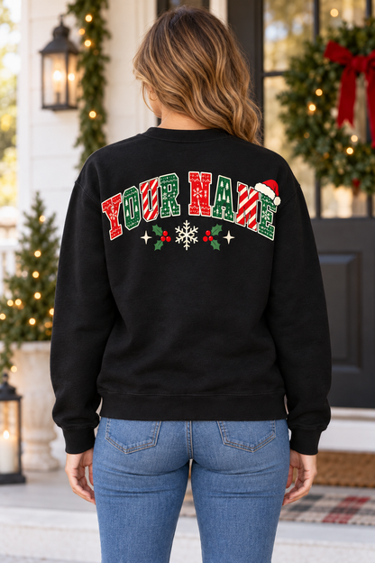 Personalized Christmas Crew Sweatshirt – Custom Name Back, Unisex Holiday Sweater