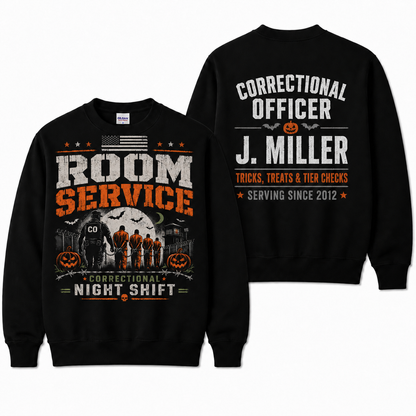 Personalized Correctional Officer Halloween Sweatshirt Room Service Night Shift Custom Name CO Gift
