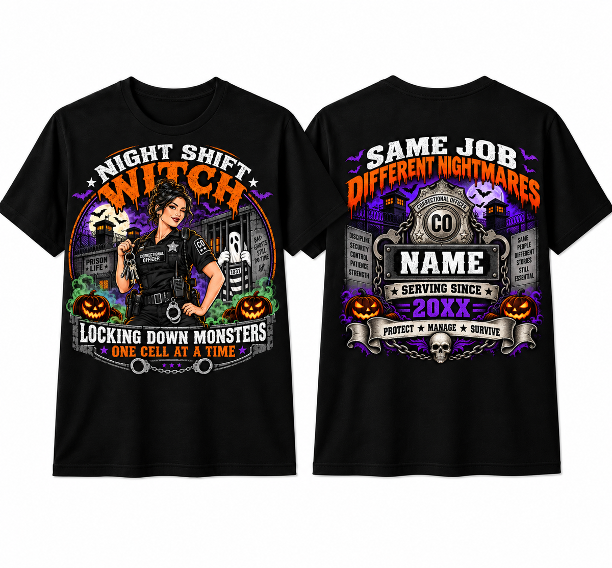 tom "Night Shift Witch" Halloween Female Correctional Officer T-Shirt — Personalized Front & Back Graphic Tee
