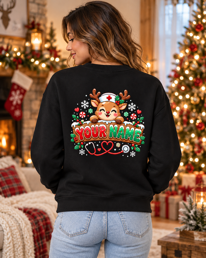 Custom Name Christmas Nurse Sweatshirt - Personalized Reindeer Nurse Sweater